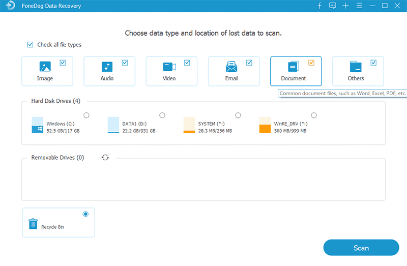 Excel Dosyasının Önceki Sürümünü Kurtarın: FoneDog Veri Kurtarma Aracı - Belgeyi Seçin