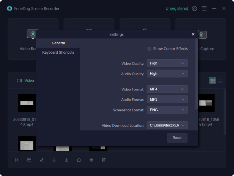 Vimeo Ekran Kaydedici için En İyi Alternatif - FoneDog Ekran Kaydedici: Genel Ayarlar