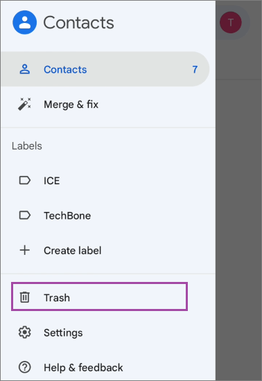 Mobil Uygulamada Google Kişiler Çöp Kutusunu Kullanarak Google Kişilerini Geri Yükleyin