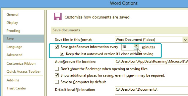 Word'ü Kaydetmeden Kapatmaktan Kaçınmak için MS Word 2013'te Otomatik Kaydet'i açın