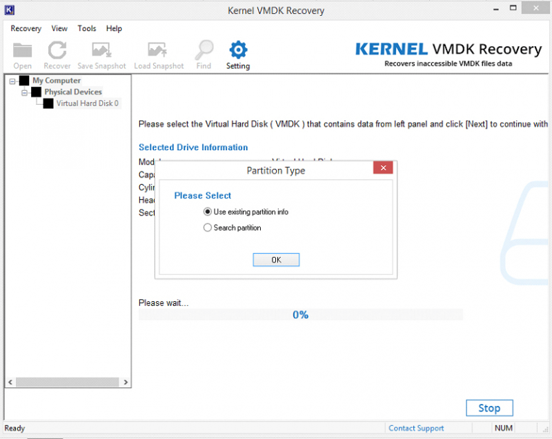 Kernel VMDK Recovery Tarafından Mevcut Bölüm Bilgilerini Kullan