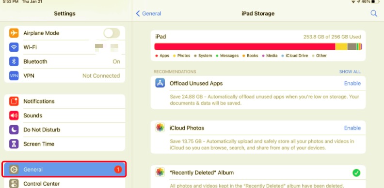 iPad Mini Kilitlenme Sorununu Düzeltmek için iPad Depolamasını Temizleyin