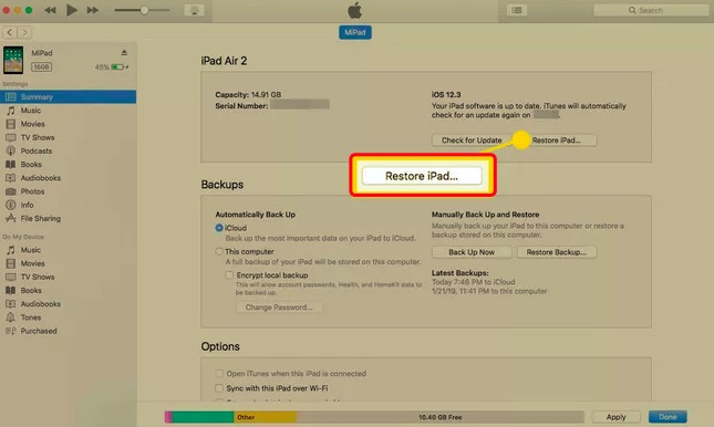 İTunes aracılığıyla iCloud Şifresi olmadan iPad'i sıfırlayın
