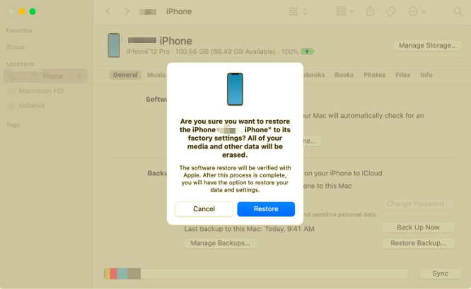 Finder'da iPhone'u Apple Kimliği olmadan silin