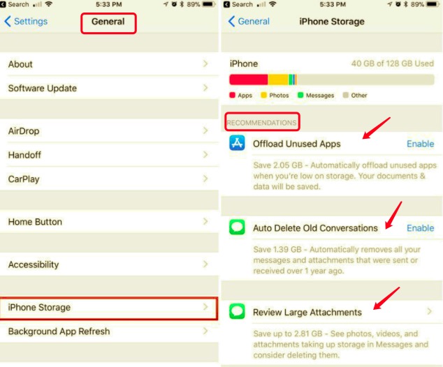 iPhone'da Sistem Depolamasını Silmek için Depolama Önerilerini Gözlemleyin