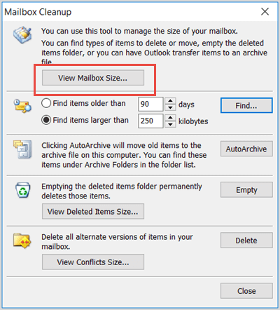 Outlook Yanıt Vermiyor Hatasını Düzeltmek için Posta Kutunuzu Yeniden Boyutlandırın