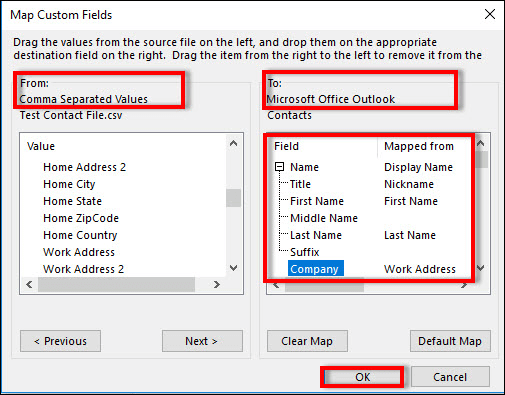 Outlook Kişilerini Dışa Aktarmak İçin Özel Alanları Eşle'yi seçin