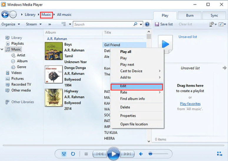 Windows Media Player'ı Kullanarak MP3 Windows 10'u Düzenleme