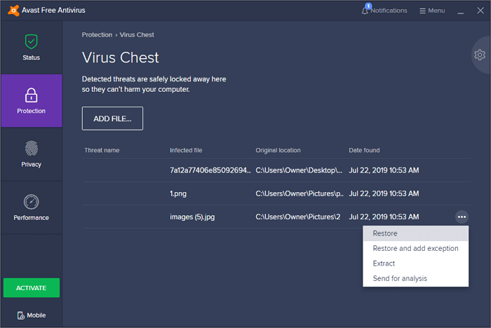 Avast Antivirus Tarafından Silinen Dosyaları Kurtarmak için Dosyanızı Geri Yükleyin