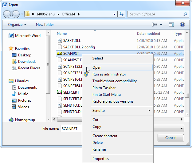 Gelen Kutusu Onarım Aracını Kullanarak Scanpst.exe'yi açın