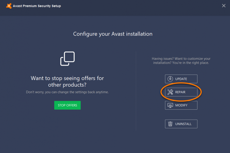 Fix Avast, Avast Antivirus'ü Onararak Dosya Hatasını Geri Yükleyemiyor