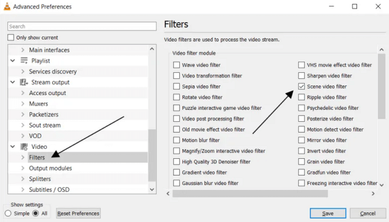 VLC Media Player'da Yakalanan Video Kareleri Oluşturmak için Sahne Filtresini Seçin