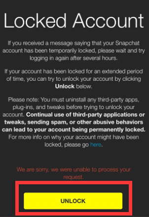 Snapchat Hesabının Kilidini Açmak için Kilit Açma Düğmesine basın