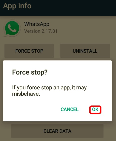 WiFI'ye Bağlanmama Sorunlarını Düzeltmek için WhatsApp'ı Kapatmaya Zorlayın