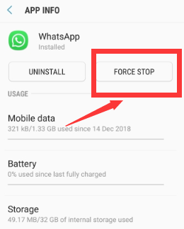 Android'de Sıkışan WhatsApp Yedeklemesini Düzeltmek için Uygulamayı Durmaya Zorlama